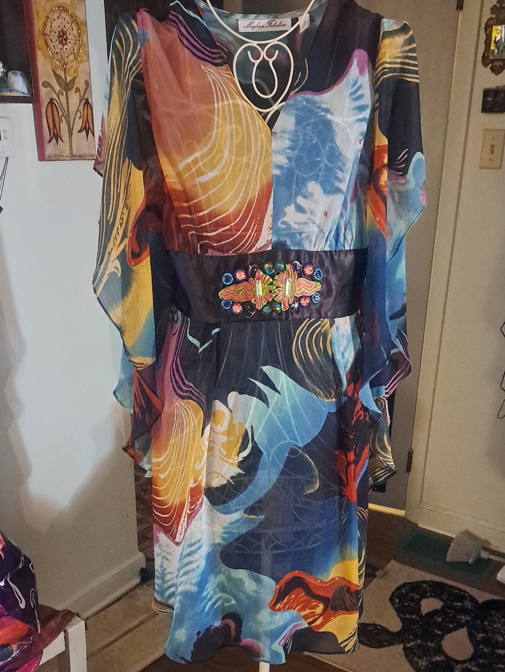Meghan Fabulous Abstract Boho Sheer Dress with Embellished Waistband M